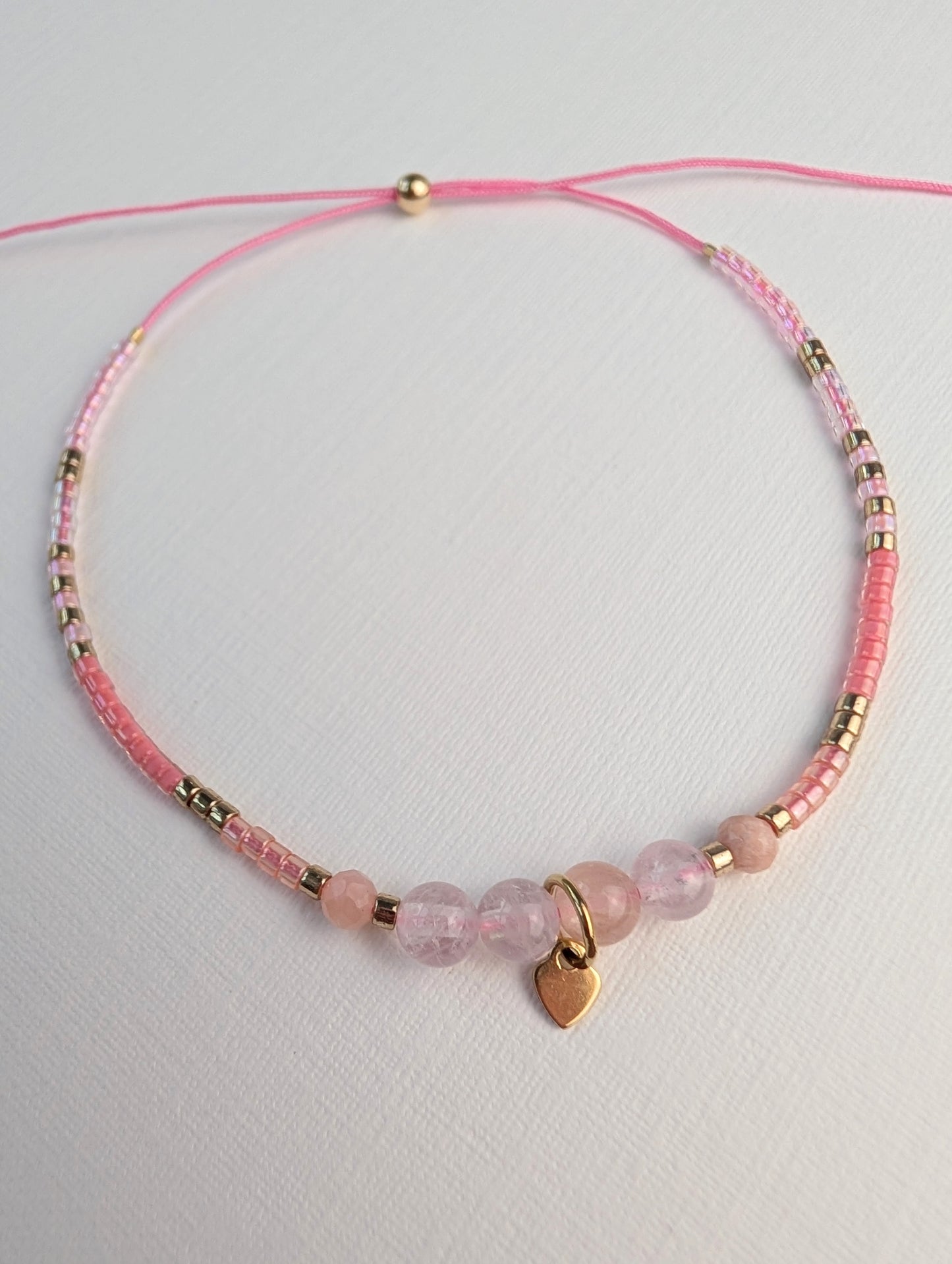 Morganite & Pink Opal Bracelet with Gold Heart Charm