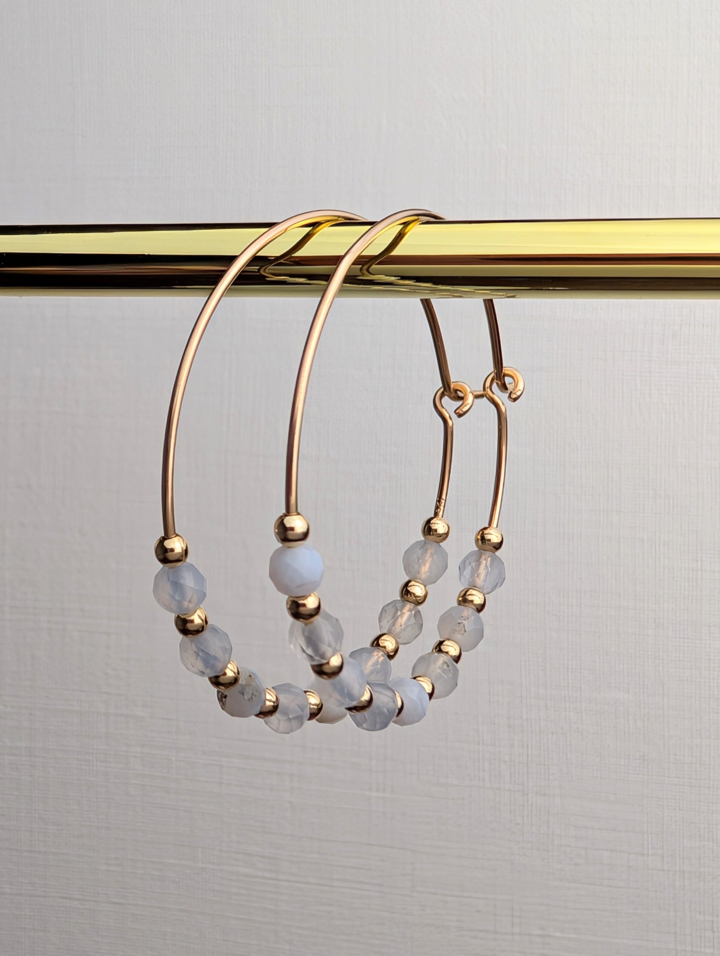 Blue Lace Agate & Gold 30mm Hoop Earrings