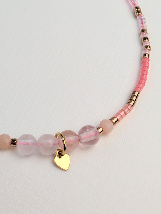 Morganite & Pink Opal Bracelet with Gold Heart Charm