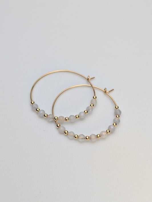 Blue Lace Agate & Gold 30mm Hoop Earrings